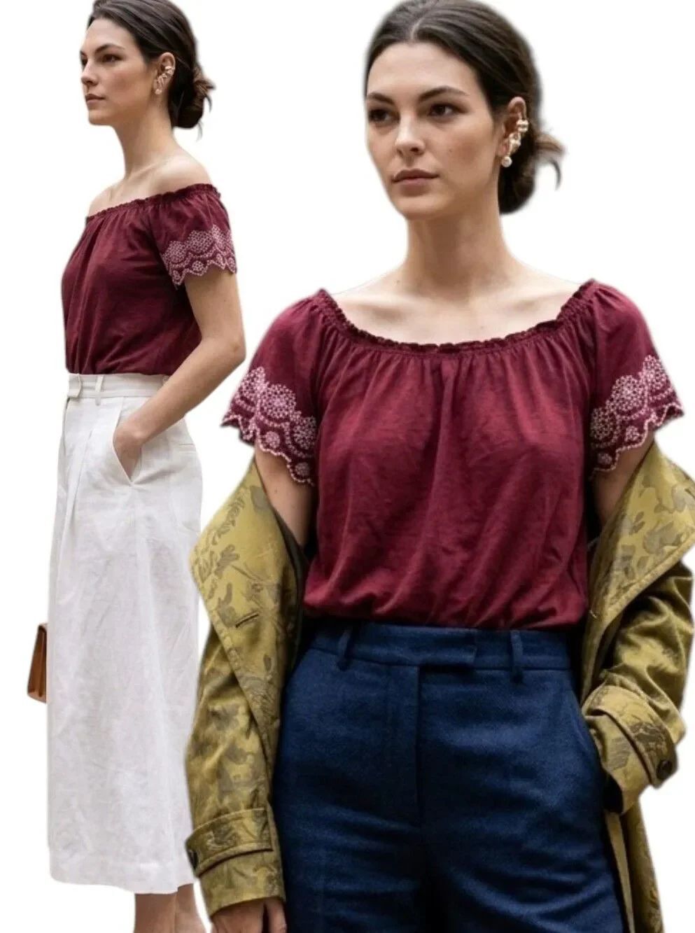 AEO Burgundy Broderie Anglais Embroidered Cotton Peasant Top Size M
